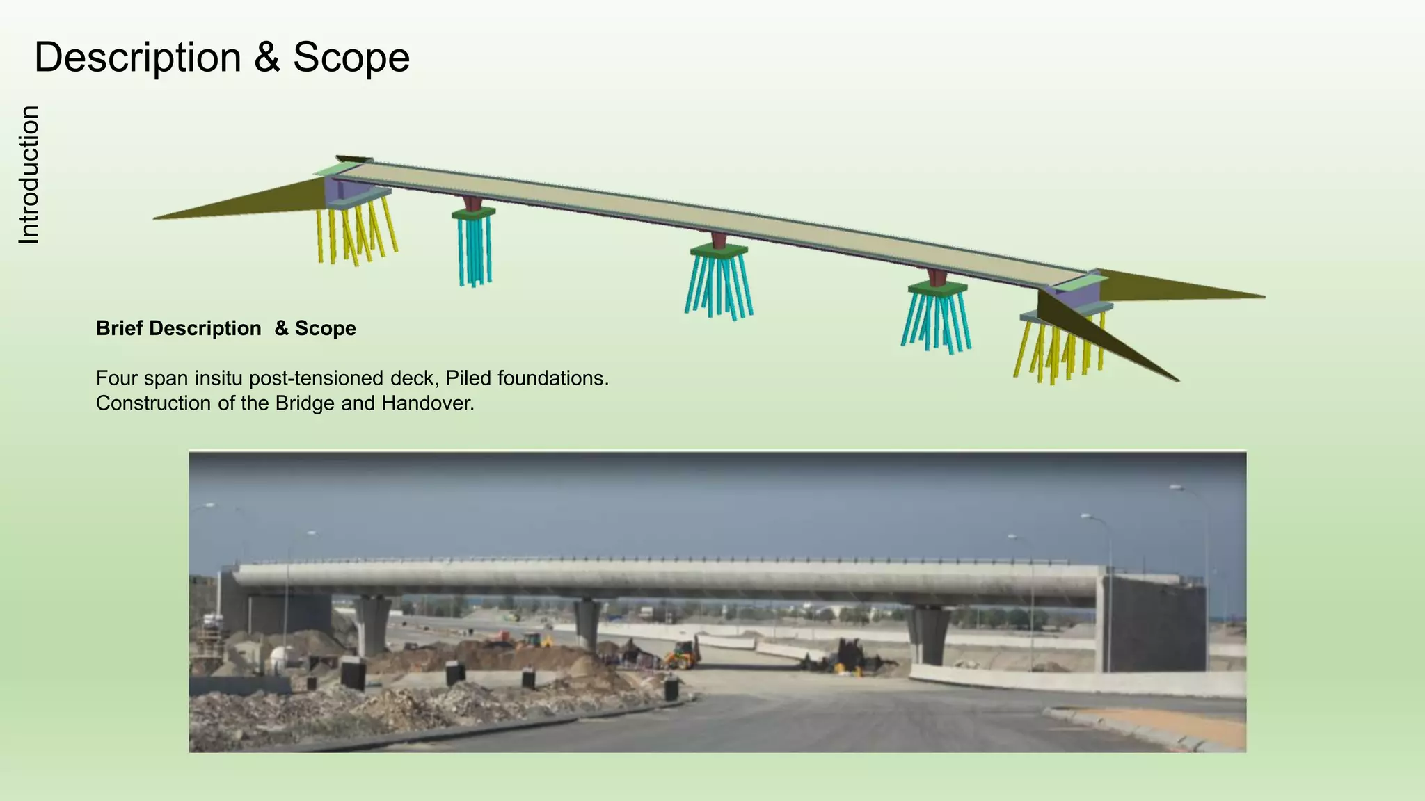 Description & Scope
Brief Description & Scope
Four span insitu post-tensioned deck, Piled foundations.
Construction of the Bridge and Handover.
Introduction
 