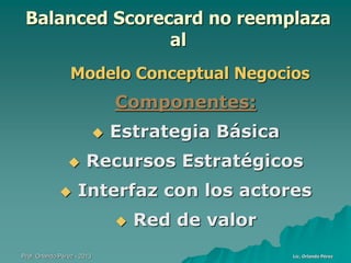 Balanced Scorecard no reemplaza
al
Modelo Conceptual Negocios

Componentes:





Estrategia Básica

Recursos Estratégicos

Interfaz con los actores


Prof. Orlando Pérez - 2013

Red de valor
Lic. Orlando Pérez

 