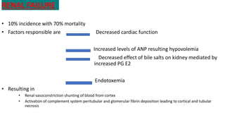 RENAL FAILURE
• 10% incidence with 70% mortality
• Factors responsible are Decreased cardiac function
Increased levels of ANP resulting hypovolemia
Decreased effect of bile salts on kidney mediated by
increased PG E2
Endotoxemia
• Resulting in
• Renal vasoconstriction shunting of blood from cortex
• Activation of complement system peritubular and glomerular fibrin deposition leading to cortical and tubular
necrosis
 