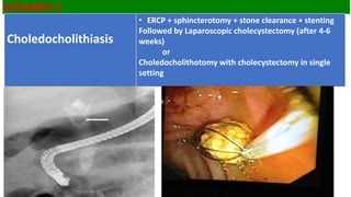 SCENARIO 1
Choledocholithiasis
• ERCP + sphincterotomy + stone clearance + stenting
Followed by Laparoscopic cholecystectomy (after 4-6
weeks)
or
Choledocholithotomy with cholecystectomy in single
setting
 