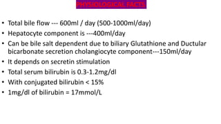 PHYSIOLOGICAL FACTS
• Total bile flow --- 600ml / day (500-1000ml/day)
• Hepatocyte component is ---400ml/day
• Can be bile salt dependent due to biliary Glutathione and Ductular
bicarbonate secretion cholangiocyte component---150ml/day
• It depends on secretin stimulation
• Total serum bilirubin is 0.3-1.2mg/dl
• With conjugated bilirubin < 15%
• 1mg/dl of bilirubin = 17mmol/L
 