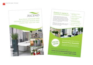 Ascend Plant Display - A5 Postcard
Ascend
Beautiful interior and
exterior displays which will
stand the test of time.
Perfect impact...whatever your budget
The team at Ascend Plant Displays has over20 years of high level experience in enhancingcommercial spaces with beautiful live and replica
plant displays. Whichever package you choose,
an attentive uncompromising service is the veryleast you can expect from us.
Whatever your interior style or space, call us today
for effortlessly stylish displays which maximiseevery penny of your budget.
•	 Stunning Live & Replica	 Plant Displays
•	 Rental & Purchase Packages
•	 Five Star Installation &	 Aftercare Service
•	 Free Plant Replacements	 within aftercare packages
•	 Quick & Easy Free Quotation
•	 Big impact – Great prices
For more information visitwww.ascendplantdisplays.comor call us today on 0121 605 0326
Already have plants displays? Wouldn’t it be great to cut
your plant display costs whilst maintaining the quality?Ascend Price GuaranteeLet us give you brand new displays whilst saving you at
least 10%-15% off your current plant rental prices –
all backed up by our uncompromising aftercare package.
SPECIAL
OFFER!
SPECIAL
OFFER!
 