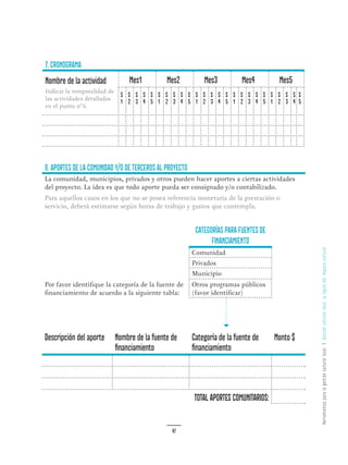 HerramientasparalagestiónculturallocalGestiónculturallocal:lalógicadelimpulsocultural
47
8. Aportes de la comunidad y/o de terceros al proyecto
La comunidad, municipios, privados y otros pueden hacer aportes a ciertas actividades
del proyecto. La idea es que todo aporte pueda ser consignado y/o contabilizado.
Para aquellos casos en los que no se posea referencia monetaria de la prestación o
servicio, deberá estimarse según horas de trabajo y gastos que contempla.
Por favor identifique la categoría de la fuente de
financiamiento de acuerdo a la siguiente tabla:
Categorías para fuentes de
Financiamiento
Comunidad
Privados
Municipio
Otros programas públicos
(favor identificar)
Descripción del aporte Nombre de la fuente de
financiamiento
Categoría de la fuente de
financiamiento
Monto $
TOTAL APORTES COMUNITARIOS:
7. Cronograma
Nombre de la actividad
Indicar la temporalidad de
las actividades detalladas
en el punto n°6.
Mes1 Mes2 Mes3 Mes4 Mes5
S
1
S
2
S
3
S
4
S
5
S
1
S
2
S
3
S
4
S
5
S
1
S
2
S
3
S
4
S
5
S
1
S
2
S
3
S
4
S
5
S
1
S
2
S
3
S
4
S
5
 