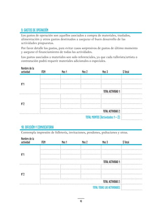 48
9. Gastos de operación
Los gastos de operación son aquellos asociados a compra de materiales, traslados,
alimentación y otros gastos destinados a asegurar el buen desarrollo de las
actividades propuestas.
Por favor detalle los gastos, para evitar casos sorpresivos de gastos de último momento
y asegurar el financiamiento de todas las actividades.
Los gastos asociados a materiales son solo referenciales, ya que cada tallerista/artista o
contratación podrá requerir materiales adicionales o especiales.
Nombre de la
actividad ITEM Mes 1 Mes 2 Mes 3 $ Total
N°1
TOTAL ACTIVIDAD 1:
N°2
TOTAL ACTIVIDAD 2:
TOTAL MONTOS (Actividades 1 + 2):
10. Difusión y convocatoria
Contempla impresión de folletería, invitaciones, pendones, grabaciones y otras.
Nombre de la
actividad ITEM Mes 1 Mes 2 Mes 3 $ Total
N°1
TOTAL ACTIVIDAD 1:
N°2
TOTAL ACTIVIDAD 2:
TOTAL TODAS LAS ACTIVIDADES:
 