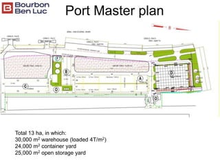 Port Master plan
Total 13 ha, in which:
30,000 m2 warehouse (loaded 4T/m2)
24,000 m2 container yard
25,000 m2 open storage yard
 