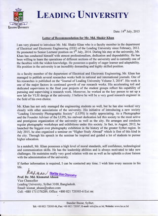 Reference Letter by VC Dr. Ahsan, LU