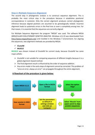 Page | 6
Step-2: Multiple Sequence Alignment
The second step in phylogenetic analysis is to construct sequence alignment. This is
probably the most critical step in the procedure because it establishes positional
correspondence in evolution. Only the correct alignment produces correct phylogenetic
inference because aligned positions are assumed to be genealogically related. Incorrect
alignment leads to systematic errors in the ﬁnal tree or even a completely wrong tree. For
that reason, it is essential that the sequences are correctly aligned.
For Multiple Sequence Alignment the program “MEGA” was used. The software MEGA
(MOLECULAR EVOLUTIONARY GENETICS ANALYSIS- Windows v5.2.2) was downloaded from
http://www.megasoftware.net/ and installed in the Windows 7 environment. For aligning
the sequences, two alignment methods are provided by MEGA:
 ClustalW
 MUSCLE
MUSCLE was chosen instead of ClustalW for current study, because ClustalW has some
major pitfalls-
 ClustalW is not suitable for comparing sequences of different lengths because it is a
global alignment–based method.
 The final alignment result is influenced by the order of sequence addition.
 Any errors made in the early steps of alignment cannot be corrected. This problem of
“once an error, always an error” can propagate throughout the entire alignment.
Open MEGA 5.2.2
Open a file in FASTA
format
Select the option
'Align'
Select 'Muscle' from
upper panel to align
protein sequences
Set the parameters
as default in
settings window
and click on
'compute'
Save session in MAS
format
A flowchart of the procedure is given below:
 