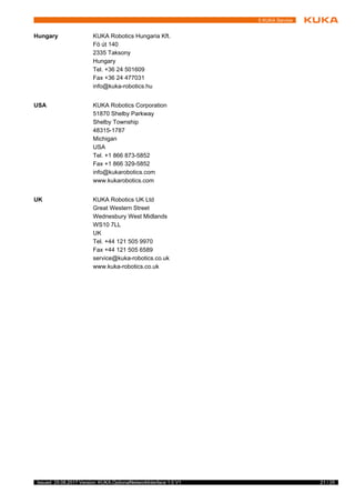 21 / 25Issued: 29.08.2017 Version: KUKA.OptionalNetworkInterface 1.0 V1
5 KUKA Service
Hungary KUKA Robotics Hungaria Kft.
Fö út 140
2335 Taksony
Hungary
Tel. +36 24 501609
Fax +36 24 477031
info@kuka-robotics.hu
USA KUKA Robotics Corporation
51870 Shelby Parkway
Shelby Township
48315-1787
Michigan
USA
Tel. +1 866 873-5852
Fax +1 866 329-5852
info@kukarobotics.com
www.kukarobotics.com
UK KUKA Robotics UK Ltd
Great Western Street
Wednesbury West Midlands
WS10 7LL
UK
Tel. +44 121 505 9970
Fax +44 121 505 6589
service@kuka-robotics.co.uk
www.kuka-robotics.co.uk
 