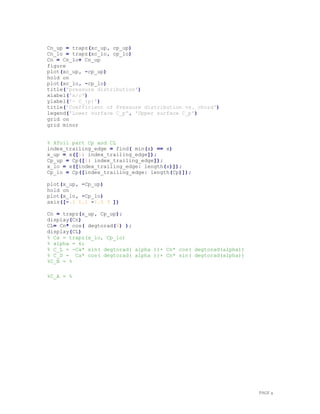 PAGE 9
Cn_up = trapz(xc_up, cp_up)
Cn_lo = trapz(xc_lo, cp_lo)
Cn = Cn_lo+ Cn_up
figure
plot(xc_up, -cp_up)
hold on
plot(xc_lo, -cp_lo)
title('pressure distribution')
xlabel('x/c')
ylabel('- C_{p}')
title('Coefficient of Pressure distribution vs. chord')
legend('Lower surface C_p', 'Upper surface C_p')
grid on
grid minor
% Xfoil part Cp and CL
index_trailing_edge = find( min(x) == x)
x_up = x([1: index_trailing_edge]);
Cp_up = Cp([1: index_trailing_edge]);
x_lo = x([index_trailing_edge: length(x)]);
Cp_lo = Cp([index_trailing_edge: length(Cp)]);
plot(x_up, -Cp_up)
hold on
plot(x_lo, -Cp_lo)
axis([-.1 1.1 -1.5 3 ])
Cn = trapz(x_up, Cp_up);
display(Cn)
CL= Cn* cos( degtorad(6) );
display(CL)
% Ca = trapz(x_lo, Cp_lo)
% alpha = 6;
% C_L = -Ca* sin( degtorad( alpha ))+ Cn* cos( degtorad(alpha))
% C_D = Ca* cos( degtorad( alpha ))+ Cn* sin( degtorad(alpha))
%C_N = %
%C_A = %
 