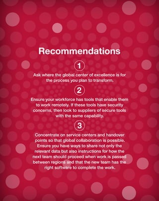 Recommendations
Ask where the global center of excellence is for
the process you plan to transform.
Ensure your workforce has tools that enable them
to work remotely. If these tools have security
concerns, then look to suppliers of secure tools
with the same capability.
Concentrate on service centers and handover
points so that global collaboration is possible.
Ensure you have ways to share not only the
relevant data but also instructions for how the
next team should proceed when work is passed
between regions and that the new team has the
right software to complete the work.
1
2
3
 