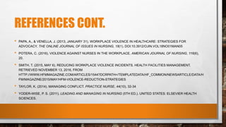 REFERENCES CONT.
• PAPA, A., & VENELLA, J. (2013, JANUARY 31). WORKPLACE VIOLENCE IN HEALTHCARE: STRATEGIES FOR
ADVOCACY. THE ONLINE JOURNAL OF ISSUES IN NURSING, 18(1). DOI:10.3912/OJIN.VOL18NO01MAN05
• POTERA, C. (2016). VIOLENCE AGAINST NURSES IN THE WORKPLACE. AMERICAN JOURNAL OF NURSING, 116(6),
20.
• SMITH, T. (2015, MAY 6). REDUCING WORKPLACE VIOLENCE INCIDENTS. HEALTH FACILITIES MANAGEMENT.
RETRIEVED NOVEMBER 13, 2016, FROM
HTTP://WWW.HFMMAGAZINE.COM/ARTICLES/1544?DCRPATH=/TEMPLATEDATA/HF_COMMON/NEWSARTICLE/DATA/H
FM/MAGAZINE/2015/MAY/HFM-VIOLENCE-REDUCTION-STRATEGIES
• TAYLOR, K. (2014). MANAGING CONFLICT. PRACTICE NURSE, 44(10), 32-34
• YODER-WISE, P. S. (2011). LEADING AND MANAGING IN NURSING (5TH ED.). UNITED STATES: ELSEVIER HEALTH
SCIENCES.
 