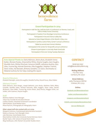 Board of Directors
Elizabeth Basnight, Jackie McLaughlin, Danielle Purifoy, Brandi Rowe, Miea Walker
Advisory Council
Darla Atkinson, Nora Barger, Joseph Bathanti, Lynn Burke, Matthew Diehl, Mikey
Goralnik, Danielle Haley, Richard Holcomb, Abby Huggins, Steve Jenks, Rachel
McNassor, Shari Miller, Yvonne Ng, Kristin Reiter, Alicia Rivero, Maggie Smith, Jen
Snider, John Soehner, Wayne Vaughn
Extra Special Thanks to: Darla Atkinson, Sherry Buie, Elizabeth Urena
Butler, Monyia Presley, Shawnethia White, Wayne Vaughn, Gary Vaughn,
Murielle Hare, Shirley Drechsel, Cameron Ratliff, LaShauna Austria, Gary
Giles, Yvonne Ng, Hannah Damman, Elke Ruggaber, Stephen Treimel,
Steve Jenks, Kat Bawden, Brittany Sandefur, Liz Clore. And thanks to
Melanie Guthrey for her help creating this report.
CONTACT
(919) 433-7457
info@benevolencefarm.org
Mailing Address:
P.O. Box 1003
Carrboro, NC 27510
Street Address:
4265 Thompson Mill Rd
Graham, NC 27253
Online:
facebook.com/BenevolenceFarm
twitter.com/benevolencefarm
instagram.com/benevolencefarm/
linkedin.com/company/benevolence-farm
Join our Mailing List!
Staff
Matthew Ballard, Farm Manager
Tanya Jisa, Founder & Executive Director
Lindsey Paydon, Volunteer & Outreach Coordinator
Sabrina Boyer, Social Media Intern
Alison Ryncarz, Photography & Videography Intern
Other valued staff who worked with us in 2014:
Margaret Andrews, Fundraising & Administrative Assistant
Rebecca Cherone, Farm Manager Intern
Julie Moroney, Social Media Intern
Mary-Kathryn Smith, Elon University Human Services Intern
Rachel Taylor, UNC School of Social Work Intern
Meg VanDeusen, UNC Women’s & Gender Studies Intern
Event Participation in 2014
Participated in Half the Sky, Half the Earth: A Conference on Women, Food, and
Faith at Wake Forest University
Participated in Freedom From Bondage Corrections Conference
Participated in Second Chance Lobby Day
Selected as Duke Chapel Mission of the Month in May 2014
Participated in Carolina Justice Policy Center’s annual conference
Tabled at several area Farmers Markets
Participated in NC Center for Nonprofits annual conference
Chosen to participate in 2014 Indy Week Give!Guide
Participated in first ever Giving Tuesday Alamance
 