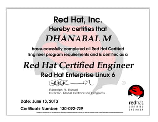 Red Hat, Inc.
Hereby certiﬁes that
DHANABAL M
has successfully completed all Red Hat Certiﬁed
Engineer program requirements and is certiﬁed as a
Red Hat Certiﬁed Engineer
Red Hat Enterprise Linux 6
Randolph R. Russell
Director, Global Certiﬁcation Programs
Date: June 13, 2013
Certiﬁcate Number: 130-092-729
Copyright (c) 2010 Red Hat, Inc. All rights reserved. Red Hat is a registered trademark of Red Hat, Inc. Verify this certiﬁcate number at http://www.redhat.com/training/certiﬁcation/verify
 