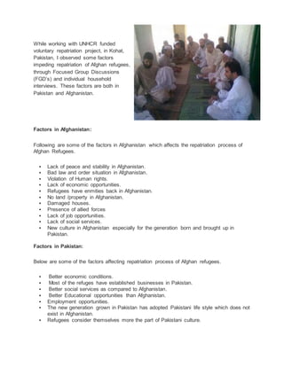 Factors affecting repatriation process of Afghan Refugees in Pakistan ...