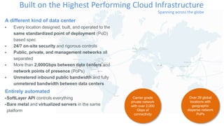 Over 29 global
locations with
geographic
disperse network
PoPs
Carrier grade
private network
with over 2,000
Gbps of
connectivity
Built on the Highest Performing Cloud Infrastructure
A different kind of data center
• Every location designed, built, and operated to the
same standardized point of deployment (PoD)
based spec
• 24/7 on-site security and rigorous controls
• Public, private, and management networks all
separated
• More than 2,000Gbps between data centers and
network points of presence (PoPs)
• Unmetered inbound public bandwidth and fully
unmetered bandwidth between data centers
Entirely automated
•SoftLayer API controls everything
•Bare metal and virtualized servers in the same
platform
Spanning across the globe
 