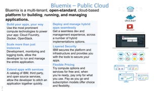 Bluemix – Public Cloud
2
Bluemix is a multi-tenant, open-standard, cloud-based
platform for building, running, and managing
applications.
Build your apps, your way
Use the most prominent
compute technologies to power
your app: Cloud Foundry,
Docker, OpenStack.
Extend apps with services
A catalog of IBM, third party,
and open source services,
allow the developer to stitch an
application together quickly.
Scale more than just
instances
Development, monitoring and
logging tools, allow the
developer to run and manage
the entire application.
Layered Security
IBM secures the platform and
infrastructure and provides you
with the tools to secure your
apps.
Deploy and manage hybrid
apps seamlessly
Get a seamless dev and
management experience, across
a number of hybrid
implementations options.
Flexible Pricing
Try compute options and
services for free and, when
you’re ready, pay only for what
you use. Pay as you go and
subscription models offer choice
and flexibility.
Coming Summer 2015
 