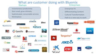 Enterprise Fit
Differentiating Content
Cultural Transformation
Path to a new way to work
EnterprisesStartups
Instantaneous productivity
Start small, grow infinitely
Sophisticated, consumable services
Marketplace
What are customer doing with Bluemix
40
 