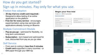 How do you get started?
Sign up in minutes. Pay only for what you use.
41
• 30 day trial (no credit card required) -
Designed to allow testing of an entire
application on the platform
Friction free adoption
• Free tier for every service - encourages
experimentation using new services with
applications already running on Bluemix
• Pay-as-you-go - optimized for flexibility, no
long term commitment
Multiple Commitment Models
• Subscription - term based and optimized for
cost, discounted from pay as you go rates
• From zero to coding in less than 5 minutes
Self Service
• Credit card supported in many countries - or
IBM paper through your IBM rep
 