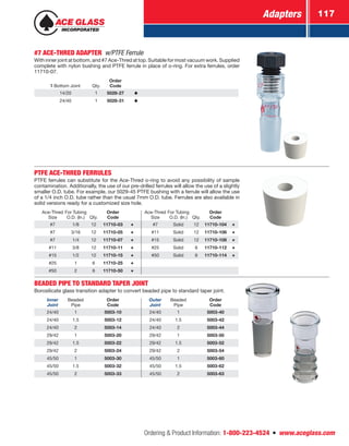 Adapters 117
Ordering  Product Information: 1-800-223-4524  n  www.aceglass.com
#7 ACE-THRED ADAPTER w/PTFE Ferrule
With inner joint at bottom, and #7 Ace-Thred at top. Suitable for most vacuum work. ­Supplied
complete with nylon bushing and PTFE ferrule in place of o‑ring. For extra ferrules, order
11710‑07.
Bottom Joint Qty.
Order
Code
14/20 1 5028-27
24/40 1 5028-31
PTFE ACE-THRED FERRULES
PTFE ferrules can substitute for the Ace-Thred o-ring to avoid any possibility of sample
contamination. Additionally, the use of our pre-drilled ferrules will allow the use of a slightly
smaller O.D. tube. For example, our 5029-45 PTFE bushing with a ferrule will allow the use
of a 1/4 inch O.D. tube rather than the usual 7mm O.D. tube. Ferrules are also available in
solid versions ready for a customized size hole.
Ace-Thred
Size
For Tubing
O.D. (In.) Qty.
Order
Code
Ace-Thred
Size
For Tubing
O.D. (In.) Qty.
Order
Code
#7 1/8 12 11710-03 #7 Solid 12 11710-104
#7 3/16 12 11710-05 #11 Solid 12 11710-106
#7 1/4 12 11710-07 #15 Solid 12 11710-108
#11 3/8 12 11710-11 #25 Solid 6 11710-112
#15 1/2 12 11710-15 #50 Solid 6 11710-114
#25 1 6 11710-25
#50 2 6 11710-50
BEADED PIPE TO STANDARD TAPER JOINT
Borosilicate glass transition adapter to convert beaded pipe to standard taper joint.
Inner
Joint
Beaded
Pipe
Order
Code
Outer
Joint
Beaded
Pipe
Order
Code
24/40 1 5003-10 24/40 1 5003-40
24/40 1.5 5003-12 24/40 1.5 5003-42
24/40 2 5003-14 24/40 2 5003-44
29/42 1 5003-20 29/42 1 5003-50
29/42 1.5 5003-22 29/42 1.5 5003-52
29/42 2 5003-24 29/42 2 5003-54
45/50 1 5003-30 45/50 1 5003-60
45/50 1.5 5003-32 45/50 1.5 5003-62
45/50 2 5003-33 45/50 2 5003-63
 