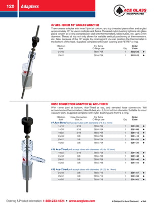 Adapters120
Ordering  Product Information: 1-800-223-4524  n  www.aceglass.com Subject to Ace Discount  Net
#7 ACE-THRED 10° ANGLED ADAPTER
Thermometer adapter with inner joint at bottom, and top threaded piece offset and angled
approximately 10° for use in multiple neck flasks. Threaded nylon bushing tightens into glass
piece to form an o‑ring compression seal with thermometers, bleed tubes, etc. up to 7mm
diameter. Thread at top not only allows for variable vertical positioning of thermometers,
etc. Also, because of the 10° angle, by rotating joint you can position the thermometer in
the bottom of the flask. Supplied complete with nylon bushing and FETFE®
o‑ring.
Bottom
Joint
For Extra
O-Rings use Qty.
Order
Code
24/40 7855-704 1 5032-22
29/42 7855-704 1 5032-25
HOSE CONNECTION ADAPTER W/ ACE-THRED
With  inner joint at bottom, Ace-Thred at top, and serrated hose connection. Will
accommodate thermometers, bleed tubes, etc. 5.5mm to 7mm diameter. Suitable for most
vacuum work. Supplied complete with nylon bushing and FETFE o‑ring.
Bottom
Joint
Hose Connection
Size, in.
For Extra
O-Rings use Qty.
Order
Code
#7 Ace-Thred (will accept tubes with diameters of 5.5 to 7mm)
14/10 5/16 7855-704 1 5261-06
14/20 5/16 7855-704 1 5261-08
19/22 5/16 7855-704 1 5261-12
24/40 3/8 7855-704 1 5261-16
29/42 3/8 7855-704 1 5261-20
45/50 3/8 7855-704 1 5261-21
#11 Ace-Thred (will accept tubes with diameters of 9 to 10.5mm)
19/22 5/16 7855-708 1 5261-36
24/40 3/8 7855-708 1 5261-38
29/42 3/8 7855-708 1 5261-40
45/50 3/8 7855-708 1 5261-41
#15 Ace-Thred (will accept tubes with diameters of 12.5 to 14mm)
24/40 3/8 7855-716 1 5261-57
29/42 3/8 7855-716 1 5261-59
45/50 3/8 7855-716 1 5261-61
 