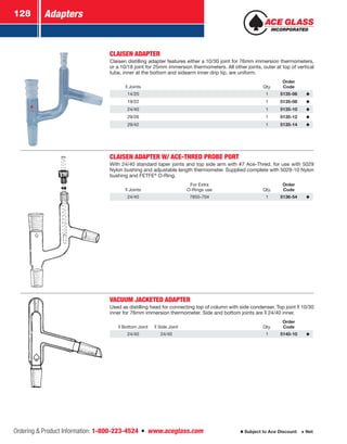 Adapters128
Ordering  Product Information: 1-800-223-4524  n  www.aceglass.com Subject to Ace Discount  Net
CLAISEN ADAPTER
Claisen distilling adapter features either a 10/30 joint for 76mm immersion thermometers,
or a 10/18 joint for 25mm immersion thermometers. All other joints, outer at top of vertical
tube, inner at the bottom and sidearm inner drip tip, are uniform.
Joints Qty.
Order
Code
14/20 1 5135-06
19/22 1 5135-08
24/40 1 5135-10
29/26 1 5135-12
29/42 1 5135-14
CLAISEN ADAPTER W/ ACE-THRED PROBE PORT
With 24/40 standard taper joints and top side arm with #7 Ace-Thred, for use with 5029
Nylon bushing and adjustable length thermometer. Supplied complete with 5029-10 Nylon
bushing and FETFE®
O-Ring.
Joints
For Extra
O-Rings use Qty.
Order
Code
24/40 7855-704 1 5136-54
VACUUM JACKETED ADAPTER
Used as distilling head for connecting top of column with side condenser. Top joint  10/30
inner for 76mm immersion thermometer. Side and bottom joints are  24/40 inner.
Bottom Joint Side Joint Qty.
Order
Code
24/40 24/40 1 5140-10
 