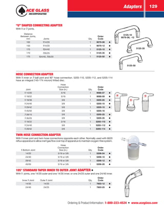 Adapters 129
Ordering  Product Information: 1-800-223-4524  n  www.aceglass.com
“U” SHAPED CONNECTING ADAPTER
With  or  joints.
Distance
Between Joints,
mm Joints Qty.
Order
Code
100 14/20 1 9079-08
150 14/20 1 9079-12
170 24/40 1 5125-10
170 35/25 1 5125-35
170 24/40, 35/25 1 5125-50
5125-10
9079-08, -12
5125-35
5125-50
HOSE CONNECTION ADAPTER
With inner or  ball joint and 90° hose connection. 5205-110, 5205-112, and 5205-114
have an integral (145-174 micron) fritted disc.
Joint
Hose
Connection
Size (in.) Qty.
Order
Code
14/20 5/16 1 9088-07
19/22 5/16 1 9088-09
19/38 3/8 1 5205-05
24/40 3/8 1 5205-10
29/42 3/8 1 5205-15
45/50 3/8 1 5205-16
28/15 3/8 1 5205-25
35/25 3/8 1 5205-35
19/22 5/16 1 5205-110
24/40 3/8 1 5205-112
29/42 3/8 1 5205-114
TWIN HOSE CONNECTION ADAPTER
With inner joint and twin hose connections opposite each other. Normally used with 6620
reflux apparatus to allow inert gas flow over top of apparatus to maintain oxygen-free system.
Bottom Joint
Hose
Connection
Size (in.) Qty.
Order
Code
14/20 5/16 or 3/8 1 5206-04
24/40 5/16 or 3/8 1 5206-10
29/42 5/16 or 3/8 1 5206-12
45/50 5/16 or 3/8 1 5206-20
105° STANDARD TAPER INNER TO OUTER JOINT ADAPTER
With   joints, one 14/20 outer and one 14/35 inner, or one 24/25 outer and one 24/40 inner.
Inner Joint Outer Joint Qty.
Order
Code
14/35 14/20 1 7803-12
24/40 24/25 1 7803-25
 