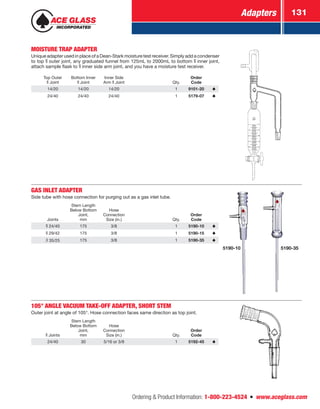 Adapters 131
Ordering  Product Information: 1-800-223-4524  n  www.aceglass.com
MOISTURE TRAP ADAPTER
Unique adapter used in place of a Dean-Stark moisture test receiver. Simply add a condenser
to top  outer joint, any graduated funnel from 125mL to 2000mL to bottom  inner joint,
attach sample flask to  inner side arm joint, and you have a moisture test receiver.
Top Outer
Joint
Bottom Inner
Joint
Inner Side
Arm Joint Qty.
Order
Code
14/20 14/20 14/20 1 9101-20
24/40 24/40 24/40 1 5179-07
GAS INLET ADAPTER
Side tube with hose connection for purging out as a gas inlet tube.
Joints
Stem Length
Below Bottom
Joint,
mm
Hose
Connection
Size (in.) Qty.
Order
Code
24/40 175 3/8 1 5190-10
29/42 175 3/8 1 5190-15
35/25 175 3/8 1 5190-35
5190-10 5190-35
105° ANGLE VACUUM TAKE-OFF ADAPTER, SHORT STEM
Outer joint at angle of 105°. Hose connection faces same direction as top joint.
Joints
Stem Length
Below Bottom
Joint,
mm
Hose
Connection
Size (in.) Qty.
Order
Code
24/40 30 5/16 or 3/8 1 5192-45
 