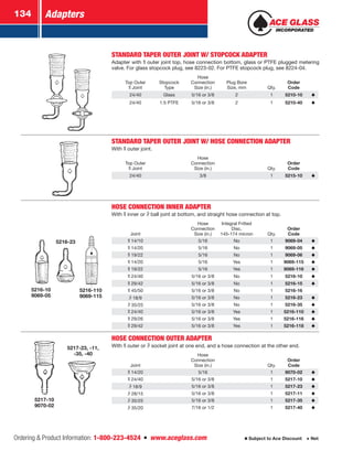 Adapters134
Ordering  Product Information: 1-800-223-4524  n  www.aceglass.com Subject to Ace Discount  Net
STANDARD TAPER OUTER JOINT W/ STOPCOCK ADAPTER
Adapter with outer joint top, hose connection bottom, glass or PTFE plugged metering
valve. For glass stopcock plug, see 8223-02. For PTFE stopcock plug, see 8224-04.
Top Outer
Joint
Stopcock
Type
Hose
Connection
Size (in.)
Plug Bore
Size, mm Qty.
Order
Code
24/40 Glass 5/16 or 3/8 2 1 5210-10
24/40 1:5 PTFE 5/16 or 3/8 2 1 5210-40
STANDARD TAPER OUTER JOINT W/ HOSE CONNECTION ADAPTER
With outer joint.
Top Outer
Joint
Hose
Connection
Size (in.) Qty.
Order
Code
24/40 3/8 1 5215-10
5216-23
5216-110
9069-115
5216-10
9069-05
HOSE CONNECTION INNER ADAPTER
With inner or  ball joint at bottom, and straight hose connection at top.
Joint
Hose
Connection
Size (in.)
Integral Fritted
Disc,
145-174 micron Qty.
Order
Code
14/10 5/16 No 1 9069-04
14/20 5/16 No 1 9069-05
19/22 5/16 No 1 9069-06
14/20 5/16 Yes 1 9069-115
19/22 5/16 Yes 1 9069-116
24/40 5/16 or 3/8 No 1 5216-10
29/42 5/16 or 3/8 No 1 5216-15
45/50 5/16 or 3/8 No 1 5216-16
18/9 5/16 or 3/8 No 1 5216-23
35/25 5/16 or 3/8 No 1 5216-35
24/40 5/16 or 3/8 Yes 1 5216-110
29/26 5/16 or 3/8 Yes 1 5216-116
29/42 5/16 or 3/8 Yes 1 5216-118
5217-10
9070-02
5217-23, -11,
-35, -40
HOSE CONNECTION OUTER ADAPTER
With  outer or  socket joint at one end, and a hose connection at the other end.
Joint
Hose
Connection
Size (in.) Qty.
Order
Code
14/20 5/16 1 9070-02
24/40 5/16 or 3/8 1 5217-10
18/9 5/16 or 3/8 1 5217-23
28/15 5/16 or 3/8 1 5217-11
35/25 5/16 or 3/8 1 5217-35
35/20 7/16 or 1/2 1 5217-40
 