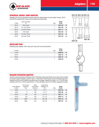 Adapters 135
Ordering  Product Information: 1-800-223-4524  n  www.aceglass.com
SPHERICAL SOCKET JOINT ADAPTER
Adapters for joining jacketed reactor ball joint inlet/outlets to recirculator hoses. 28/15
and 35/25 sockets with various Ace-thred and tube ends.
Size
Joint Connects
to Qty.
Order
Code
28/15 10mm tube 1 5221-05
28/15 #11 Ace-Thred 1 5221-09
28/15 #15 Ace-Thred 1 5221-11
35/25 3/4in tube 1 5221-20
35/25 #15 Ace-Thred 1 5221-24
35/25 #25 Ace-Thred 1 5221-28
5221-05 5221-09 5221-24
5221-20
5221-28
5221-11
DISTILLING TRAP
Distilling trap adapter with outer joint top and inner joint bottom.
Joints Qty.
Order
Code
14/20 1 9086-02
24/40 1 5225-10
29/42 1 5225-15
45/50 1 5225-20
VACUUM FILTRATION ADAPTER
Used for reduced pressure filtration with 7186 style, plain stem Buchner funnels. Top is tooled
to accept a pluro stopper, bottom has a  inner joint. Inserting the recommended size pluro
stopper and the next smaller size allows use of smaller capacity funnels; i.e. in  24/25 size,
insertion of 31mm x 16mm and 22mm x 11mm will allow use of 15 or 30mL capacity funnels.
Inner Bottom
Joint
For Funnel
Capacity,
mL
Hose
Connection
Size (in.)
Uses Pluro
Stopper, I.D.,
mm Qty.
Order
Code
14/20    2 3/8 17 x 7 1 5267-06
19/22    2 3/8 17 x 7 1 5267-08
24/25  140 3/8 31 x 16 1 5267-11
24/40  140 3/8 31 x 16 1 5267-15
29/26 4000 3/8 60 x 36 1 5267-18
29/42 4000 3/8 60 x 36 1 5267-20
 