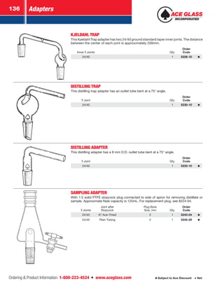 Adapters136
Ordering  Product Information: 1-800-223-4524  n  www.aceglass.com Subject to Ace Discount  Net
KJELDAHL TRAP
This Kjeldahl Trap adapter has two 24/40 ground standard taper inner joints. The distance
between the center of each joint is approximately 200mm.
Inner Joints Qty.
Order
Code
24/40 1 5226-10
DISTILLING TRAP
This distilling trap adapter has an outlet tube bent at a 75° angle.
Joint Qty.
Order
Code
24/40 1 5230-10
DISTILLING ADAPTER
This distilling adapter has a 8 mm O.D. outlet tube bent at a 75° angle.
Joint Qty.
Order
Code
24/40 1 5235-10
SAMPLING ADAPTER
With 1:5 solid PTFE stopcock plug connected to side of apron for removing distillate or
sample. Approximate flask capacity is 125mL. For replacement plug, see 8224-04.
Joints
Joint after
Stopcock
Plug Bore
Size, mm Qty.
Order
Code
24/40 #7 Ace-Thred 2 1 5245-04
24/40 Plain Tubing 2 1 5245-29
 
