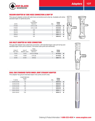 Adapters 137
Ordering  Product Information: 1-800-223-4524  n  www.aceglass.com
VACUUM ADAPTER W/ SIDE HOSE CONNECTION  DRIP TIP
This vacuum adapter comes with side hose connections and a drip tip. Available with either
standard taper or spherical joints.
Joints
Hose
Connection
Size (in.) Qty.
Order
Code
14/20 5/16 or 3/8 1 9123-06
19/22 5/16 or 3/8 1 9123-08
24/25 3/8 1 5260-07
24/40 3/8 1 5260-10
29/42 3/8 1 5260-15
35/25 3/8 1 5260-35
GAS INLET ADAPTER W/ HOSE CONNECTION
This gas inlet adapter has a side hose connection, with standard taper outer joint at top and
standard taper inner joint at bottom. Full-sized outer joints are reinforced.
Outer
Top Joint
Inner
Bottom Joint 
Hose
Connection
Size (in.) Qty.
Order
Code
14/10 14/10 5/16 or 3/8 (B) 1 9119-22
14/20 19/38 5/16 (A) 1 9119-02
24/40 24/40 3/8 (D) 1 5265-10
DUAL END STANDARD TAPER INNER JOINT STRAIGHT ADAPTER
This adapter has ground standard taper inner joints at both ends.
Joints
Length Between
Joints,
mm Qty.
Order
Code
24/40-24/40  30 1 5039-03
24/40-24/40  70 1 5039-05
24/40-24/40 120 1 5039-07
29/42-29/42  30 1 5039-09
29/42-29/42  70 1 5039-11
29/42-29/42 120 1 5039-13
 