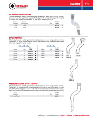 Adapters 139
Ordering  Product Information: 1-800-223-4524  n  www.aceglass.com
10° ANGLED OFFSET ADAPTER
Offset adapters are used to gain better vertical clearance when using addition funnels,
condensers, or other apparatus. Angled offset adapter with outer joint on top and inner joint
on bottom. For use with heads having 10˚ side necks, transitioning to 90˚.
Outer
Top Joint
Inner
Bottom Joint  Qty.
Order
Code
14/20 14/20 1 5273-02
24/40 24/40 1 5273-04
OFFSET ADAPTER
Offset adapters are used to gain better vertical clearance when using addition funnels,
condensers, or other apparatus Both bottom inner joint and top outer joints are slightly
offset and angled for reactor heads.
Without Drip Tip With Drip Tip
Joints Qty.
Order
Code Joints Qty.
Order
Code
14/20 1 9089-08 14/20 1 9089-40
24/40 1 5268-10 24/40 1 5268-54
29/42 1 5268-15 29/42 1 5268-56
45/50 1 5268-21 45/50 1 5268-58
35/25 1 5268-35
5268-355268-10
9089-08
5268-54
9089-40
PRESSURE REACTOR OFFSET ADAPTER
Offset adapters are used to gain better vertical clearance when using addition funnels,
condensers, or other apparatus. Offset adapter with #15 Ace-Thred top offset to a 14mm
O.D. tube with o‑ring groove. For use with ACE pressure reactors to locate condenser, etc.,
away from stirrer. NOT supplied with bushing or o‑ring. Order 7506-06 for bushing and o‑ring.
Inner
Top Joint Qty.
Order
Code
#15 Ace-Thred 1 5269-12
 