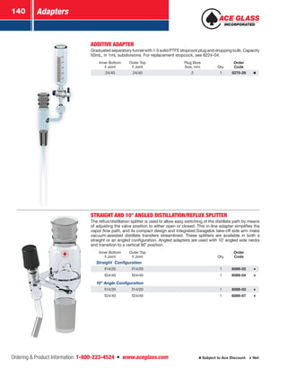 Adapters140
Ordering  Product Information: 1-800-223-4524  n  www.aceglass.com Subject to Ace Discount  Net
ADDITIVE ADAPTER
Graduated separatory funnel with 1:5 solid PTFE stopcock plug and dropping bulb. Capacity
50mL, in 1mL subdivisions. For replacement stopcock, see 8224-04.
Inner Bottom
Joint
Outer Top
Joint
Plug Bore
Size, mm Qty.
Order
Code
24/40 24/40 2 1 5270-29
STRAIGHT AND 10° ANGLED DISTILLATION/REFLUX SPLITTER
The reflux/distillation splitter is used to allow easy switching of the distillate path by means
of adjusting the valve position to either open or closed. This in-line adapter simplifies the
vapor flow path, and its compact design and integrated Swagelok take-off side arm make
vacuum-assisted distillate transfers streamlined. These splitters are available in both a
straight or an angled configuration. Angled adapters are used with 10˚ angled side necks
and transition to a vertical 90˚ position.
Inner Bottom
Joint
Outer Top
Joint Qty.
Order
Code
Straight Configuration
14/20 14/20 1 6089-02
24/40 24/40 1 6089-04
10° Angle Configuration
14/20 14/20 1 6089-03
24/40 24/40 1 6089-07
 