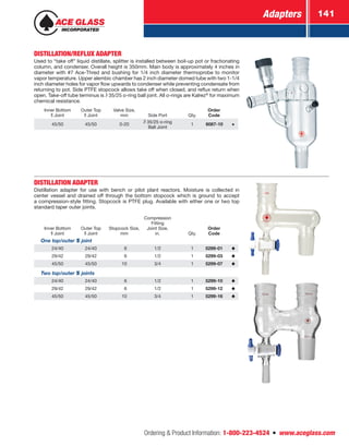Adapters 141
Ordering  Product Information: 1-800-223-4524  n  www.aceglass.com
DISTILLATION/REFLUX ADAPTER
Used to “take off” liquid distillate, splitter is installed between boil-up pot or fractionating
column, and condenser. Overall height is 350mm. Main body is approximately 4 inches in
diameter with #7 Ace‑Thred and bushing for 1/4 inch diameter thermoprobe to monitor
vapor temperature. Upper alembic chamber has 2 inch diameter domed tube with two 1-1/4
inch diameter holes for vapor flow upwards to condenser while preventing condensate from
returning to pot. Side PTFE stopcock allows take off when closed, and reflux return when
open. Take-off tube terminus is  35/25 o‑ring ball joint. All o‑rings are Kalrez®
for maximum
chemical resistance.
Inner Bottom
Joint
Outer Top
Joint
Valve Size,
mm Side Port Qty.
Order
Code
45/50 45/50 0-20
 35/25 o‑ring
Ball Joint
1 6087-10
DISTILLATION ADAPTER
Distillation adapter for use with bench or pilot plant reactors. Moisture is collected in
center vessel and drained off through the bottom stopcock which is ground to accept
a compression-style fitting. Stopcock is PTFE plug. Available with either one or two top
standard taper outer joints.
Inner Bottom
Joint
Outer Top
Joint
Stopcock Size,
mm
Compression
Fitting
Joint Size,
in. Qty.
Order
Code
One top/outer TS  joint
24/40 24/40  6 1/2 1 5299-01
29/42 29/42  6 1/2 1 5299-03
45/50 45/50 10 3/4 1 5299-07
Two top/outer TS  joints
24/40 24/40  6 1/2 1 5299-10
29/42 29/42  6 1/2 1 5299-12
45/50 45/50 10 3/4 1 5299-16
 