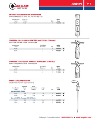Adapters 143
Ordering  Product Information: 1-800-223-4524  n  www.aceglass.com
IN-LINE STRAIGHT ADAPTER W/ DRIP TUBE
With two  14/20 outer joints, and one 7mm drip tube.
Outer Bottom
Joint
Outer Top
Joint Qty.
Order
Code
14/20 14/20 1 7805-12
STANDARD TAPPER INNER JOINT GAS ADAPTER W/ STOPCOCK
With  inner joint and T-Bore, 2mm stopcock.
Inner Bottom
Joint
Plug Bore
Size, mm Qty.
Order
Code
14/20 2 1 7809-03
24/25 2 1 7809-07
STANDARD TAPER OUTER JOINT GAS ADAPTER W/ STOPCOCK
With  outer joint and T-Bore, 2mm stopcock.
Outer Bottom
Joint
Plug Bore
Size, mm Qty.
Order
Code
14/35 2 1 7810-04
24/40 2 1 7810-08
BLEED CAPILLARY ADAPTER
Length measured from top of joint to tip.
	
Inner Bottom
Joint
For Flask
Size,
mL
Hose
Connection
Size (in.)
Length,
mm Qty.
Order
Code
Use with 9465 Flasks
14/20  50 5/16  70 1 9328-18
14/20  50 5/16  80 1 9328-22
Use with 9443 Heads and 9448 Flasks
14/20  50 5/16 184 1 9328-02
14/20 100 5/16 207 1 9328-04
 