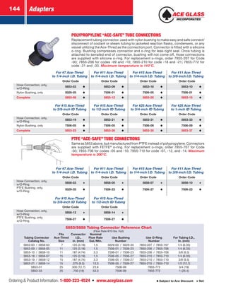 Adapters144
Ordering  Product Information: 1-800-223-4524  n  www.aceglass.com Subject to Ace Discount  Net
POLYPROPYLENE “ACE-SAFE” TUBE CONNECTIONS
Replacement tubing connector, used with nylon bushing to make easy and safe connect/
disconnect of coolant or steam tubing to jacketed reaction flasks, condensers, or any
vessel utilizing the Ace‑Thred as the connection port. Connector is fitted with a silicone
o‑ring. Bushing compresses connector and o‑ring for leak-tight seal. Once tubing is
attached to serrated end of connector, bushing will not come off. Hose connections
are supplied with silicone o‑ring. For replacement o‑rings, order 7855-207 for Code
-03; 7855-206 for codes -09 and -10; 7855-210 for code -18 and -21; 7855-772 for
code -31 and -33. Maximum temperature is 110°C.
For #7 Ace‑Thred
to 1/4-inch I.D. Tubing
For #11 Ace‑Thred
to 1/4-inch I.D. Tubing
For #15 Ace‑Thred
to 1/4-inch I.D. Tubing
For #11 Ace‑Thred
to 3/8-inch I.D. Tubing
Order Code Order Code Order Code Order Code
Hose Connection, only,
w/O‑Ring
5853-03 5853-09 5853-18 5853-10
Nylon Bushing, only 5029-05 7506-01 7506-05 7506-01
Complete 5853-06 5853-12 5853-20 5853-15
For #15 Ace‑Thred
to 3/8-inch ID Tubing
For #15 Ace‑Thred
to 1/2-inch ID Tubing
For #25 Ace‑Thred
to 3/4-inch ID Tubing
For #25 Ace‑Thred
to 1-inch ID Tubing
Order Code Order Code Order Code Order Code
Hose Connection, only,
w/O‑Ring
5853-19 5853-21 5853-31 5853-33
Nylon Bushing, only 7506-05 7506-05 7506-09 7506-09
Complete 5853-23 5853-26 5853-35 5853-37
PTFE “ACE-SAFE” TUBE CONNECTIONS
Same as 5853 above, but manufactured from PTFE instead of polypropylene. Connectors
are supplied with FETFE®
o‑ring. For replacement o‑rings, order 7855-707 for Code
-03; 7855-706 for codes -05 and -10; 7855-710 for code -07, -12, and -14. Maximum
temperature is 200°C.
For #7 Ace‑Thred
to 1/4-inch I.D. Tubing
For #11 Ace‑Thred
to 1/4-inch I.D. Tubing
For #15 Ace‑Thred
to 1/4-inch I.D. Tubing
For #11 Ace‑Thred
to 3/8-inch I.D. Tubing
Order Code Order Code Order Code Order Code
Hose Connection, only,
w/O‑Ring
5858-03 5858-05 5858-07 5858-10
PTFE Bushing, only,
w/O-Ring
5029-35 7506-23 7506-27 7506-23
For #15 Ace‑Thred
to 3/8-inch ID Tubing
For #15 Ace‑Thred
to 1/2-inch ID Tubing
Order Code Order Code
Hose Connection, only,
w/O‑Ring
5858-12 5858-14
PTFE Bushing, only,
w/O-Ring
7506-27 7506-27
5853/5858 Tubing Connector Reference Chart
(Flow Rate @10 lbs. H20)
Tubing Connector
Catalog No.
Fits
Ace‑Thred
Size
Connector
I.D.,
in. (mm)
Nominal
Flow Rate
Gal./Min.
Use Bushing
Number
Use O-Ring
Number
For Tubing I.D.,
In. (mm)
5853-03 / 5858-03  7 .125 (3.18) 1.5 5029-05 / 5029-35 7855-207 / 7855-707 1/4 (6.35)
5853-09 / 5858-05 11 .125 (3.18) 1.5 7506-01 / 7506-23 7855-206 / 7855-706 1/4 (6.35)
5853-10 / 5858-10 11 .187 (4.74) 3.3 7506-01 / 7506-23 7855-206 / 7855-706 3/8 (9.5)
5853-18 / 5858-07 15 .125 (3.18) 1.5 7506-05 / 7506-27 7855-210 / 7855-710 1/4 (6.35)
5853-19 / 5858-12 15 .187 (4.74) 3.3 7506-05 / 7506-27 7855-210 / 7855-710 3/8 (9.5)
5853-21 / 5858-14 15 .375 (9.5) 13.3 7506-05 / 7506-27 7855-210 / 7855-710 1/2 (12.7)
5853-31 25 .500 (12.7) 23.6 7506-09 7855-772 3/4 (19)
5853-33 25 .750 (19) 53.3 7506-09 7855-772 1 (25.4)
 