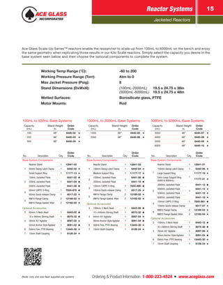 Jacketed Reactors
Ordering & Product Information: 1-800-223-4524  n  www.aceglass.com
Reactor Systems 15
Working Temp Range (°C):	 -60 to 200
Working Pressure Range (Torr):	 Atm to 0
Max Jacket Pressure (Psig):	 8
Stand Dimensions (DxWxH):	 (100mL-2000mL)	 19.5 x 24.75 x 38in
		 (3000mL-6000mL)	 19.5 x 24.75 x 48in
Wetted Surfaces:	 Borosilicate glass, PTFE
Motor Mounts:	 Rod
Ace Glass Scale-Up Series™ reactors enable the researcher to scale-up from 100mL to 6000mL on the bench and enjoy
the same geometry when replicating those results in our Kilo Scale reactors. Simply select the capacity you desire in the
base system seen below and then choose the optional components to complete the system.
No. Description Qty.
Order
Code
Base System Components
1
Reactor Stand 1 12841-02
60mm Swing Latch Clamp 1 6442-02
Small Support Ring 1 11177-13
2
100mL Jacketed Flask
1
6441-02
250mL Jacketed Flask 6441-04
500mL Jacketed Flask 6441-06
3
60mm CAPFE O-Ring 1 7855-878
60mm Quick-release Clamp 1 6517-22
5
NW10 Flange Clamp 2 12189-02
NW10 Flange Gasket, Viton 2 12192-02
Optional Accessories
3 60mm, 5 Neck Head 1 6443-02
4
10 x 440mm Stirring Shaft 1 8075-32
38mm 45° Agitator 1 8097-02
50mm Anchor Style Agitator 1 8091-02
6 Debris Free, PTFE Bearing 1 13445-30
7 10mm Shaft Coupling 1 8126-24
100mL to 500mL Base Systems
Capacity
(mL)
Stand Height
in.
Order
Code
100 38” 6440-02
250 38” 6440-03
500 38” 6440-04
No. Description Qty.
Order
Code
Base System Components
1
Reactor Stand 1 12841-02
100mm Swing Latch Clamp 1 6442-04
Medium Support Ring 1 11177-17
2
1000mL Jacketed Flask
1
6441-08
2000mL Jacketed Flask 6441-10
3
100mm CAPFE O-Ring 1 7855-880
100mm Quick-release Clamp 1 6517-25
5
NW16 Flange Clamp 2 12189-02
NW16 Flange Gasket, Viton 2 12192-02
Optional Accessories
3 100mm, 5 Neck Head 1 6443-06
4
10 x 440mm Stirring Shaft 1 8075-32
64mm 45° Agitator 1 8097-04
90mm Anchor Style Agitator 1 8091-04
6 Debris Free, PTFE Bearing 1 13445-30
7 10mm Shaft Coupling 1 8126-24
1000mL to 2000mL Base Systems
Capacity
(mL)
Stand Height
in.
Order
Code
1000 38” 6440-05
2000 38” 6440-06
No. Description Qty.
Order
Code
Base System Components
1
Reactor Stand 1 12841-01
150mm Swing Latch Clamp 1 6442-06
Large Support Ring
1
11177-19
Extra-Large Support Ring
(5000 & 6000mL)
11177-21
2
3000mL Jacketed Flask
1
6441-12
4000mL Jacketed Flask 6441-14
5000mL Jacketed Flask 6441-16
6000mL Jacketed Flask 6441-18
3
150mm CAPFE O-Ring 1 7855-881
150mm Quick-release Clamp 6517-27
5
NW25 Flange Clamp 2 12189-04
NW25 Flange Gasket, Viton 2 12192-04
Optional Accessories
3 150mm, 5 Neck Head 1 6443-12
4
10 x 560mm Stirring Shaft 1 8075-38
76mm 45° Agitator 1 8097-06
90mm Anchor Style Agitator 1 8091-04
6 Debris Free, PTFE Bearing 1 13445-30
7 10mm Shaft Coupling 1 8126-24
3000mL to 6000mL Base Systems
Capacity
(mL)
Stand Height
in.
Order
Code
3000 48” 6440-07
4000 48” 6440-08
5000 48” 6440-09
6000 48” 6440-10
(Note: only one size flask supplied per system)
 