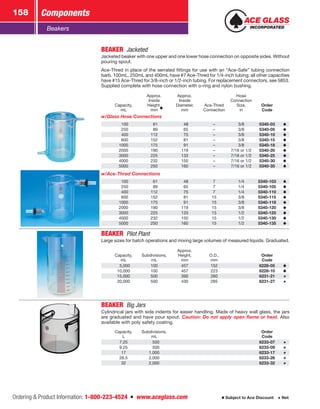 Ordering  Product Information: 1-800-223-4524  n  www.aceglass.com
Components158
Subject to Ace Discount  Net
Beakers
BEAKER  Jacketed
Jacketed beaker with one upper and one lower hose connection on opposite sides. Without
pouring spout.
Ace-Thred in place of the serrated fittings for use with an “Ace-Safe” tubing connection
barb. 100mL, 250mL and 400mL have #7 Ace-Thred for 1/4-inch tubing; all other capacities
have #15 Ace-Thred for 3/8-inch or 1/2-inch tubing. For replacement connectors, see 5853.
Supplied complete with hose connection with o‑ring and nylon bushing.
Capacity,
mL
Approx.
Inside
Height,
mm
Approx.
Inside
Diameter,
mm
Ace-Thred
Connection
Hose
Connection
Size,
in
Order
Code
w/Glass Hose Connections
 100  61  48 ­– 3/8 5340-03
 250  89  65 ­– 3/8 5340-05
 400 112  75 ­– 3/8 5340-10
 600 152  81 ­– 3/8 5340-15
1000 175  91 ­– 3/8 5340-18
2000 190 119 ­– 7/16 or 1/2 5340-20
3000 225 133 ­– 7/16 or 1/2 5340-25
4000 232 150 ­– 7/16 or 1/2 5340-30
5000 250 160 ­– 7/16 or 1/2 5340-35
w/Ace-Thred Connections
 100  61  48 7 1/4 5340-103
 250  89  65 7 1/4 5340-105
 400 112  75 7 1/4 5340-110
 600 152  81 15 3/8 5340-115
1000 175  91 15 3/8 5340-118
2000 190 119 15 3/8 5340-120
3000 225 133 15 1/2 5340-125
4000 232 150 15 1/2 5340-130
5000 250 160 15 1/2 5340-135
BEAKER  Pilot Plant 
Large sizes for batch operations and mixing large volumes of measured liquids. Graduated.
Capacity,
mL
Subdivisions,
mL
Approx.
Height,
mm
O.D.,
mm
Order
Code
 5,000 100 457 152 6228-05
10,000 100 457 223 6228-10
15,000 500 390 260 6231-21
20,000 500 430 285 6231-27
BEAKER  Big Jars
Cylindrical jars with side indents for easier handling. Made of heavy wall glass, the jars
are graduated and have pour spout. Caution: Do not apply open flame or heat. Also
available with poly safety coating.
Capacity,
L
Subdivisions,
mL
Order
Code
7.25   500 6233-07
9.25   500 6233-09
17 1,000 6233-17
26.5 2,000 6233-26
32 2,000 6233-32
 