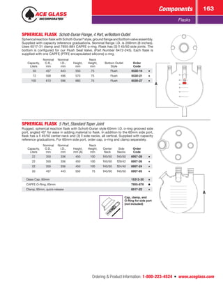 Ordering  Product Information: 1-800-223-4524  n  www.aceglass.com
Components 163
Flasks
SPHERICAL FLASK  Schott-Duran Flange, 4 Port, w/Bottom Outlet
SphericalreactionflaskwithSchott-Duran®
style,groundflangeandbottomvalveassembly.
Supplied with capacity reference graduations. Nominal flange I.D. is 200mm (8 inches).
Uses 6517-31 clamp and 7855-884 CAPFE o‑ring. Flask has (3)  45/50 side joints. The
bottom is configured for our Flush Seal Valve, (Part Number 6472-245). Each flask is
supplied with one CAPFE (PTFE encapsulated silicone) o‑ring.
Capacity,
Liters
Nominal
O.D.,
mm
Nominal
I.D.,
mm
Height,
mm
Neck
Height,
mm
Bottom Outlet
Style
Order
Code
 50 457 443 550 75 Flush 6530-14
 72 508 496 570 75 Flush 6530-21
100 610 596 680 75 Flush 6530-27
A
SPHERICAL FLASK 5 Port, Standard Taper Joint
Rugged, spherical reaction flask with Schott-Duran style 60mm I.D. o‑ring grooved side
port, angled 45° for ease in adding material to flask. In addition to the 60mm side port,
flask has a  45/50 center neck and (3)  side necks, all vertical. Supplied with capacity
reference graduations. For 60mm side port, order cap, o‑ring and clamp separately.
Capacity,
Liters
Nominal
O.D.,
mm
Nominal
I.D.,
mm
Height,
mm (A)
Neck
Height,
mm
Center
Neck
Side
Necks
Order
Code
22 350 336 450 100 45/50 45/50 6957-28
22 350 336 450 100 45/50 29/42 6957-26
22 350 336 450 100 45/50 24/40 6957-24
50 457 443 550  75 45/50 45/50 6957-65
Glass Cap, 60mm 15312-30
CAPFE O‑Ring, 60mm 7855-878
Clamp, 60mm, quick-release 6517-22
Cap, clamp, and
O‑Ring for side port
(not included)
A
 