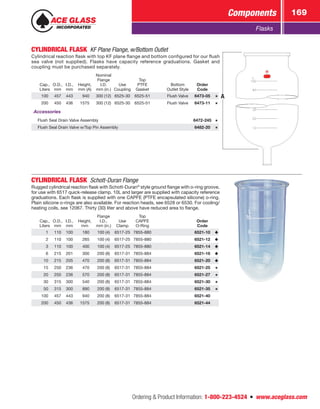Ordering  Product Information: 1-800-223-4524  n  www.aceglass.com
Components 169
Flasks
CYLINDRICAL FLASK  KF Plane Flange, w/Bottom Outlet
Cylindrical reaction flask with top KF plane flange and bottom configured for our flush
sea valve (not supplied). Flasks have capacity reference graduations. Gasket and
coupling must be purchased separately.
Cap.,
Liters
O.D.,
mm
I.D.,
mm
Height,
mm (A)
Nominal
Flange
I.D.
mm (in.)
Use
Coupling
Top
PTFE
Gasket
Bottom
Outlet Style
Order
Code
100 457 443  940 300 (12) 6525-30 6525-51 Flush Valve 6473-05
200 450 436 1575 300 (12) 6525-30 6525-51 Flush Valve 6473-11
Accessories
Flush Seal Drain Valve Assembly 6472-245
Flush Seal Drain Valve w/Top Pin Assembly 6482-20
A
CYLINDRICAL FLASK  Schott-Duran Flange
Rugged cylindrical reaction flask with Schott-Duran®
style ground flange with o‑ring groove,
for use with 6517 quick-release clamp. 10L and larger are supplied with capacity reference
graduations. Each flask is supplied with one CAPFE (PTFE encapsulated silicone) o‑ring.
Plain silicone o‑rings are also available. For reaction heads, see 6528 or 6530. For cooling/
heating coils, see 12067. Thirty (30) liter and above have reduced area to flange.
Cap.,
Liters
O.D.,
mm
I.D.,
mm
Height,
mm
Flange
I.D.,
mm (in.)
Use
Clamp
Top
CAPFE
O‑Ring
Order
Code
  1 110 100  180 100 (4) 6517-25 7855-880 6521-10
  2 110 100  265 100 (4) 6517-25 7855-880 6521-12
  3 110 100  400 100 (4) 6517-25 7855-880 6521-14
  6 215 201  300 200 (8) 6517-31 7855-884 6521-16
 10 215 205  470 200 (8) 6517-31 7855-884 6521-20
 15 250 236  470 200 (8) 6517-31 7855-884 6521-25
 20 250 236  570 200 (8) 6517-31 7855-884 6521-27
 30 315 300  540 200 (8) 6517-31 7855-884 6521-30
 50 315 300  890 200 (8) 6517-31 7855-884 6521-35
100 457 443  940 200 (8) 6517-31 7855-884 6521-40
200 450 436 1575 200 (8) 6517-31 7855-884 6521-44
 