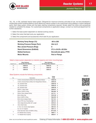 Jacketed Reactors
Ordering & Product Information: 1-800-223-4524  n  www.aceglass.com
Reactor Systems 17
Working Temp Range (°C):	 -60 to 200
Working Pressure Range (Torr):	 Atm to 0
Max Jacket Pressure (Psig):	 8
Stand Dimensions (DxWxH):	 27.5 x 24.25 x 82.25in
Wetted Surfaces:	 Borosilicate glass, PTFE
Motor Mounts:	 Rod or Flange
(Note: only one size flask and stand supplied per system)
10L, 15L, or 20L Jacketed reactor base system. Designed for maximum diversity and ease of use, we have developed a
simple base system building platform which allows any reactor system to be customized using catalog or custom designed
parts. Each base system comes with the basic starting components required. Simply select the motor and accessories
needed to complete the design. For customized components or application design, contact our technical department for
further assistance.
1. Select the base system dependent on desired working volume.
2. Select the motor that best suits your application.
3. Select the components and accessories which best fit your application.
Select a base system dependent on desired capacity and motor mounting type.
Capacity (L)
Base Systems
for Rod Mounted Motors
Base Systems
for Flange Mount Motors*
10 12845-02 12845-03
15 12845-04 12845-05
20 12845-06 12845-07
Base Systems include the following components:
No. Description Qty.
Order
Code
1
10-20L Universal Stand w/Mount for Rod Mount Motors
1
12842-02
10-20L Universal Stand w/Mount for Flange Mount Motors 12842-04
2
10L Jacketed Flask
1
12850-02
15L Jacketed Flask 12850-04
20L Jacketed Flask 12850-06
3
200mm, 5 Neck Head 1 6530-28
200mm CAPFE O-Ring 1 7855-884
200mm Quick-release Clamp 1 6517-31
60mm Glass Cap 1 15312-30
60mm CAPFE O-Ring 1 7855-878
60mm Quick-release Clamp 1 6517-22
4
19mm PTFE Ace-Thred Bearing 1 8067-30
19mm Glass Stirring Shaft, 36” Length 1 8076-40
19mm Shaft Collar 1 8127-20
5 1/2in. O.D. Anchor Style Agitator 1 8091-20
5in. O.D. 45° Agitator 1 8097-12
5
Flush Seal Drain Valve w/CAPFE O-Ring 1 6472-245
2in. Beaded Pipe Coupling 1 8856-11
6 1in. Beaded Pipe Coupling 2 8856-07
12845-05
12845-07
12845-03
 