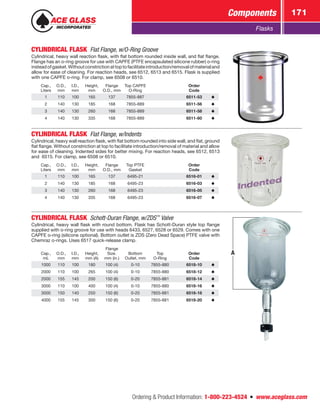 Ordering  Product Information: 1-800-223-4524  n  www.aceglass.com
Components 171
Flasks
CYLINDRICAL FLASK  Flat Flange, w/O‑Ring Groove
Cylindrical, heavy wall reaction flask, with flat bottom rounded inside wall, and flat flange.
Flange has an o‑ring groove for use with CAPFE (PTFE encapsulated silicone rubber) o‑ring
insteadofgasket.Withoutconstrictionattoptofacilitateintroduction/removalofmaterialand
allow for ease of cleaning. For reaction heads, see 6512, 6513 and 6515. Flask is supplied
with one CAPFE o‑ring. For clamp, see 6508 or 6510.
Cap.,
Liters
O.D.,
mm
I.D.,
mm
Height,
mm
Flange
O.D., mm
Top CAPFE
O‑Ring
Order
Code
1 110 100 165 137 7855-887 6511-53
2 140 130 185 168 7855-889 6511-56
3 140 130 260 168 7855-889 6511-58
4 140 130 335 168 7855-889 6511-60
CYLINDRICAL FLASK  Flat Flange, w/Indents
Cylindrical, heavy wall reaction flask, with flat bottom rounded into side wall, and flat, ground
flat flange. Without constriction at top to facilitate introduction/removal of material and allow
for ease of cleaning. Indented sides for better mixing. For reaction heads, see 6512, 6513
and 6515. For clamp, see 6508 or 6510.
Cap.,
Liters
O.D.,
mm
I.D.,
mm
Height,
mm
Flange
O.D., mm
Top PTFE
Gasket
Order
Code
1 110 100 165 137 6495-21 6516-01
2 140 130 185 168 6495-23 6516-03
3 140 130 260 168 6495-23 6516-05
4 140 130 335 168 6495-23 6516-07
Indented
Indented
CYLINDRICAL FLASK  Schott-Duran Flange, w/ZDS™
Valve
Cylindrical, heavy wall flask with round bottom. Flask has Schott-Duran style top flange
supplied with o‑ring groove for use with heads 6433, 6527, 6528 or 6529. Comes with one
CAPFE o‑ring (silicone optional). Bottom outlet is ZDS (Zero Dead Space) PTFE valve with
Chemraz o‑rings. Uses 6517 quick-release clamp.
Cap.,
mL
O.D.,
mm
I.D.,
mm
Height,
mm (A)
Flange
Size.
mm (in.)
Bottom
Outlet, mm
Top
O‑Ring
Order
Code
1000 110 100 180 100 (4) 0-10 7855-880 6518-10
2000 110 100 265 100 (4) 0-10 7855-880 6518-12
2000 155 145 200 150 (6) 0-20 7855-881 6518-14
3000 110 100 400 100 (4) 0-10 7855-880 6518-16
3000 150 140 250 150 (6) 0-20 7855-881 6518-18
4000 155 145 300 150 (6) 0-20 7855-881 6518-20
A
 