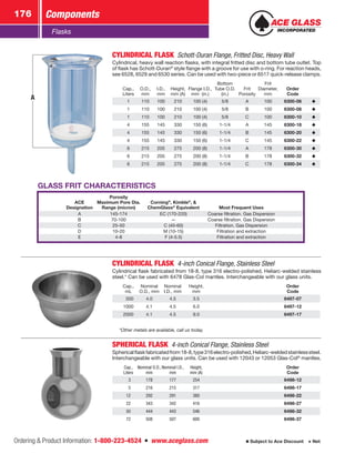 Ordering  Product Information: 1-800-223-4524  n  www.aceglass.com
Components176
Subject to Ace Discount  Net
Flasks
A
CYLINDRICAL FLASK  Schott-Duran Flange, Fritted Disc, Heavy Wall
Cylindrical, heavy wall reaction flasks, with integral fritted disc and bottom tube outlet. Top
of flask has Schott-Duran®
style flange with a groove for use with o‑ring. For reaction heads,
see 6528, 6529 and 6530 series. Can be used with two-piece or 6517 quick-release clamps.
Cap.,
Liters
O.D.,
mm
I.D.,
mm
Height,
mm (A)
Flange I.D.,
mm (in.)
Bottom
Tube O.D.
(in.)
Frit
Porosity
Frit
Diameter,
mm
Order
Code
1 110 100 210 100 (4) 5/8 A 100 6300-06
1 110 100 210 100 (4) 5/8 B 100 6300-08
1 110 100 210 100 (4) 5/8 C 100 6300-10
4 155 145 330 150 (6) 1-1/4 A 145 6300-18
4 155 145 330 150 (6) 1-1/4 B 145 6300-20
4 155 145 330 150 (6) 1-1/4 C 145 6300-22
6 215 205 275 200 (8) 1-1/4 A 178 6300-30
6 215 205 275 200 (8) 1-1/4 B 178 6300-32
6 215 205 275 200 (8) 1-1/4 C 178 6300-34
GLASS FRIT CHARACTERISTICS
ACE
Designation
Porosity
Maximum Pore Dia.
Range (micron)
Corning®
, Kimble®
, 
­ChemGlass®
Equivalent Most Frequent Uses
A 145-174 EC (170-220) Coarse filtration. Gas Dispersion
B 70-100 — Coarse filtration. Gas Dispersion
C 25-50 C (40-60) Filtration. Gas Dispersion
D 10-20 M (10-15) Filtration and extraction
E 4-8 F (4-5.5) Filtration and extraction
CYLINDRICAL FLASK  4-inch Conical Flange, Stainless Steel
Cylindrical flask fabricated from 18-8, type 316 electro-polished, Heliarc-welded stainless
steel.* Can be used with 6478 Glas-Col mantles. Interchangeable with our glass units.
Cap.,
mL
Nominal
O.D., mm
Nominal
I.D., mm
Height,
mm
Order
Code
 500 4.0 4.5 3.5 6497-07
1000 4.1 4.5 6.0 6497-12
2000 4.1 4.5 9.0 6497-17
*Other metals are available, call us today.
SPHERICAL FLASK  4-inch Conical Flange, Stainless Steel
Sphericalflaskfabricatedfrom18-8,type316electro-polished,Heliarc-weldedstainlesssteel.
Interchangeable with our glass units. Can be used with 12043 or 12053 Glas-Col®
mantles.
Cap.,
Liters
Nominal O.D.,
mm
Nominal I.D.,
mm
Height,
mm (A)
Order
Code
 3 178 177 254 6498-12
 5 216 215 317 6498-17
12 292 291 380 6498-22
22 343 342 416 6498-27
50 444 443 546 6498-32
72 508 507 600 6498-37
 