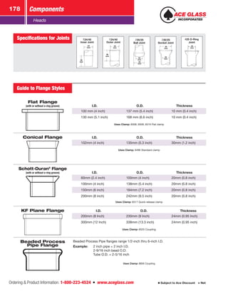 Ordering  Product Information: 1-800-223-4524  n  www.aceglass.com
Components178
Subject to Ace Discount  Net
Heads
24
mm
40
mm
24/40
Inner Joint
#25 O‑Ring
Joint
25
mm
Specifications for Joints
40
mm
24
mm
24/40
Outer Joint
25
mm
35
mm
35/25 
Socket Joint
35/25 
Ball Joint
35
mm
25
mm
Guide to Flange Styles
Flat Flange
(with or without o-ring groove) I.D. O.D. Thickness
100 mm (4 inch) 137 mm (5.4 inch) 10 mm (0.4 inch)
130 mm (5.1 inch) 168 mm (6.6 inch) 10 mm (0.4 inch)
Uses Clamp: 6508, 6509, 6510 Flat clamp
Conical Flange I.D. O.D. Thickness
102mm (4 inch) 135mm (5.3 inch) 30mm (1.2 inch)
Uses Clamp: 6496 Standard clamp
Schott-Duran®
Flange
(with or without o-ring groove) I.D. O.D. Thickness
60mm (2.4 inch) 100mm (4 inch) 20mm (0.8 inch)
100mm (4 inch) 138mm (5.4 inch) 20mm (0.8 inch)
150mm (6 inch) 184mm (7.2 inch) 20mm (0.8 inch)
200mm (8 inch) 242mm (9.5 inch) 20mm (0.8 inch)
Uses Clamp: 6517 Quick-release clamp
KF Plane Flange I.D. O.D. Thickness
200mm (8 Inch) 230mm (9 Inch) 24mm (0.95 Inch)
300mm (12 Inch) 338mm (13.3 inch) 24mm (0.95 inch)
Uses Clamp: 6525 Coupling
Beaded Process
Pipe Flange
Beaded Process Pipe flanges range 1/2-inch thru 6-inch I.D.
Example:	 2 inch pipe = 2 inch I.D.
	 2-9/16 inch bead O.D.
	 Tube O.D. = 2-5/16 inch
Uses Clamp: 8856 Coupling
 