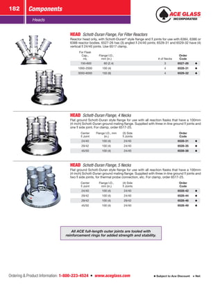 Ordering  Product Information: 1-800-223-4524  n  www.aceglass.com
Components182
Subject to Ace Discount  Net
Heads
HEAD  Schott-Duran Flange, For Filter Reactors
Reactor head only, with Schott-Duran®
style flange and  joints for use with 6384, 6386 or
6388 reactor bodies. 6527-26 has (3) angled  24/40 joints; 6528-31 and 6529-32 have (4)
vertical  24/40 joints. Use 6517 clamp.
For Flask
Cap.,
mL
Flange I.D.,
mm (in.) # of Necks
Order
Code
 150-600   60 (2.4) 3 6527-26
1000-2000 100 (4) 4 6528-31
3000-6000 150 (6) 4 6529-32
HEAD  Schott-Duran Flange, 4 Necks
Flat ground Schott-Duran style flange for use with all reaction flasks that have a 100mm
(4-inch) Schott-Duran ground mating flange. Supplied with three in-line ground  joints and
one  side joint. For clamp, order 6517-25.
Center
Joint
Flange I.D., mm
(in.)
(3) Side
Joints
Order
Code
24/40 100 (4) 24/40 6528-31
29/42 100 (4) 24/40 6528-35
45/50 100 (4) 24/40 6528-38
HEAD  Schott-Duran Flange, 5 Necks
Flat ground Schott-Duran style flange for use with all reaction flasks that have a 100mm
(4-inch) Schott-Duran ground mating flange. Supplied with three in-line ground  joints and
two  side joints, for thermal probe connection, etc. For clamp, order 6517-25.
Center
Joint
Flange I.D.,
mm (in.)
(4) Side
Joints
Order
Code
24/40 100 (4) 24/40 6528-42
29/42 100 (4) 24/40 6528-44
29/42 100 (4) 29/42 6528-46
45/50 100 (4) 24/40 6528-49
All ACE full-length outer joints are tooled with
reinforcement rings for added strength and stability.
 