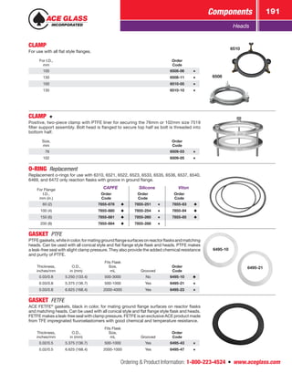 Ordering  Product Information: 1-800-223-4524  n  www.aceglass.com
Components 191
Heads
CLAMP
For use with all flat style flanges.
For I.D.,
mm
Order
Code
100 6508-06
130 6508-11
100 6510-05
130 6510-10
6508
6510
CLAMP 
Positive, two-piece clamp with PTFE liner for securing the 76mm or 102mm size 7519
filter support assembly. Bolt head is flanged to secure top half as bolt is threaded into
bottom half.
Size,
mm
Order
Code
 76 6509-03
102 6509-05
O‑RING Replacement
Replacement o‑rings for use with 6310, 6521, 6522, 6523, 6533, 6535, 6536, 6537, 6540,
6469, and 6472 only reaction flasks with groove in ground flange.
For Flange
I.D.,
mm (in.)
CAPFE Silicone Viton
Order
Code
Order
Code
Order
Code
  60 (2) 7855-878 7855-251 7855-83
100 (4) 7855-880 7855-254 7855-84
150 (6) 7855-881 7855-260 7855-85
200 (8) 7855-884 7855-288
GASKET PTFE
PTFEgaskets,whiteincolor,formatinggroundflangesurfacesonreactorflasksandmatching
heads. Can be used with all conical style and flat flange style flask and heads. PTFE makes
a leak-free seal with slight clamp pressure. They also provide the added chemical resistance
and purity of PTFE.
Thickness,
inches/mm
O.D.,
in (mm)
Fits Flask
Size,
mL Grooved
Order
Code
0.03/0.8 5.250 (133.4) 500-3000 No 6495-10
0.03/0.8 5.375 (136.7) 500-1000 Yes 6495-21
0.03/0.8 6.625 (168.4) 2000-4000 Yes 6495-23
6495-10
6495-21
GASKET FETFE
ACE FETFE®
gaskets, black in color, for mating ground flange surfaces on reactor flasks
and matching heads. Can be used with all conical style and flat flange style flask and heads.
FETFE makes a leak-free seal with clamp pressure. FETFE is an exclusive ACE product made
from TFE impregnated fluoroelastomers with good chemical and temperature resistance.
Thickness,
inches/mm
O.D.,
in (mm)
Fits Flask
Size,
mL Grooved
Order
Code
0.02/0.5 5.375 (136.7) 500-1000 Yes 6495-43
0.02/0.5 6.625 (168.4) 2000-1000 Yes 6495-47
 
