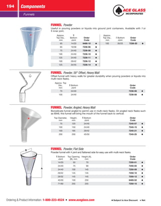 Ordering  Product Information: 1-800-223-4524  n  www.aceglass.com
Components194
Subject to Ace Discount  Net
Funnels
FUNNEL  Powder
Useful in pouring powders or liquids into ground joint containers. Available with  or
 inner joint.
Approx.
Top Dia.,
mm
Bottom
Joint
Order
Code
Approx.
Top Dia.,
mm
­Bottom
Joint
Order
Code
 65 14/20 9488-10 100 35/25 7236-20
 65 19/38 7236-06
 75 24/40 7236-08
100 24/40 7236-10
125 24/40 7236-11
100 29/42 7236-12
125 34/45 7236-14
FUNNEL  Powder, 58° Offset, Heavy Wall
Offset funnel with heavy walls for greater durability when pouring powders or liquids into
multi-neck flasks.
Approx. Top
Dia.,
mm
Bottom
Joint
Order
Code
 75 24/40 7238-06
100 24/40 7238-08
FUNNEL  Powder, Angled, Heavy Wall
Borosilicate funnel angled to permit use in multi-neck flasks. On angled neck flasks such
as 6948, this funnel will bring the mouth of the funnel back to vertical.
Top Diameter,
mm
Height,
mm
Bottom
Joint
Order
Code
 75 120 24/40 7245-07
100 150 24/40 7245-15
100 195 29/42 7245-21
200 200 45/50 7245-25
A
B FUNNEL  Powder, Flat Side
Powder funnel with  joint and flattened side for easy use with multi-neck flasks.
Bottom
Joint
Top Opening
(B), mm
Height (A),
mm
Order
Code
14/20  50  70 7250-01
24/40  75  90 7250-05
24/40 100 145 7250-09
29/42 145 145 7250-10
29/32 145 145 7250-12
45/50 150 250 6469-52
71/60 255 255 7250-15
 