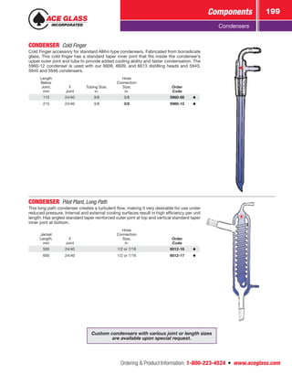 Ordering  Product Information: 1-800-223-4524  n  www.aceglass.com
Components 199
Condensers
CONDENSER  Cold Finger
Cold Finger accessory for standard Allihn type condensers. Fabricated from borosilicate
glass. This cold finger has a standard taper inner joint that fits inside the condenser’s
upper outer joint and tube to provide added cooling ability and faster condensation. The
5960-12 condenser is used with our 6606, 6609, and 6613 distilling heads and 5943,
5945 and 5946 condensers.
Length
Below
Joint,
mm Joint
Tubing Size,
in.
Hose
Connection
Size,
in.
Order
Code
110 24/40 3/8 3/8 5960-08
215 24/40 3/8 3/8 5960-12
CONDENSER  Pilot Plant, Long Path
This long path condenser creates a turbulent flow, making it very desirable for use under
reduced pressure. Internal and external cooling surfaces result in high efficiency per unit
length. Has angled standard taper reinforced outer joint at top and vertical standard taper
inner joint at bottom.
Jacket
Length,
mm Joint
Hose
Connection
Size,
in.
Order
Code
500 24/40 1/2 or 7/16 6012-16
600 24/40 1/2 or 7/16 6012-17
Custom condensers with various joint or length sizes
are available upon special request.
 
