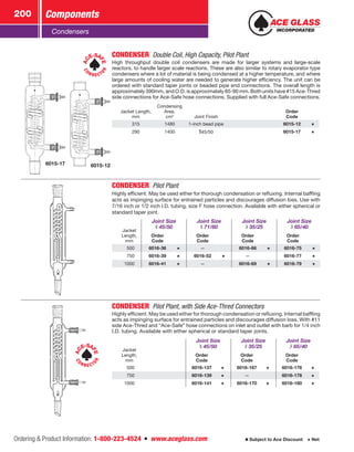 Ordering  Product Information: 1-800-223-4524  n  www.aceglass.com
Components200
Subject to Ace Discount  Net
Condensers
AC
E-SA
FE
C
ON N E CT
OR
6015-126015-17
CONDENSER  Double Coil, High Capacity, Pilot Plant
High throughput double coil condensers are made for larger systems and large-scale
reactors, to handle larger scale reactions. These are also similar to rotary evaporator type
condensers where a lot of material is being condensed at a higher temperature, and where
large amounts of cooling water are needed to generate higher efficiency. The unit can be
ordered with standard taper joints or beaded pipe end connections. The overall length is
approximately 390mm, and O.D. is approximately 85-90 mm. Both units have #15 Ace‑Thred
side connections for Ace-Safe hose connections. Supplied with full Ace-Safe connections.
Jacket Length,
mm
Condensing
Area,
cm2
Joint Finish
Order
Code
315 1480 1-inch bead pipe 6015-12
290 1400 45/50 6015-17
CONDENSER  Pilot Plant
Highly efficient. May be used either for thorough condensation or refluxing. Internal baffling
acts as impinging surface for entrained particles and discourages diffusion loss. Use with
7/16 inch or 1/2 inch I.D. tubing, size F hose connection. Available with either spherical or
standard taper joint.
Joint Size
 45/50
Joint Size
 71/60
Joint Size
 35/25
Joint Size
 65/40
Jacket
Length,
mm
Order
Code
Order
Code
Order
Code
Order
Code
 500 6016-36 — 6016-66 6016-75
 750 6016-39 6016-52 — 6016-77
1000 6016-41 — 6016-69 6016-79
AC
E-SA
FE
C
ON N E CT
OR
CONDENSER  Pilot Plant, with Side Ace‑Thred Connectors
Highly efficient. May be used either for thorough condensation or refluxing. Internal baffling
acts as impinging surface for entrained particles and discourages diffusion loss. With #11
side Ace‑Thred and “Ace-Safe” hose connections on inlet and outlet with barb for 1/4 inch
I.D. tubing. Available with either spherical or standard taper joints.
Joint Size
45/50
Joint Size
35/25
Joint Size
65/40
Jacket
Length,
mm
Order
Code
Order
Code
Order
Code
 500 6016-137 6016-167 6016-176
 750 6016-139 — 6016-178
1000 6016-141 6016-170 6016-180
 