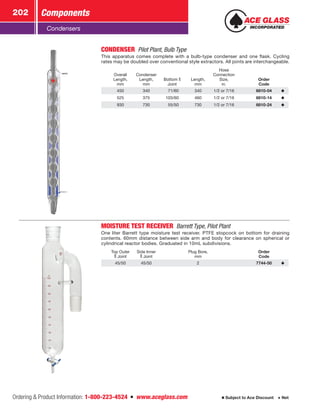 Ordering  Product Information: 1-800-223-4524  n  www.aceglass.com
Components202
Subject to Ace Discount  Net
Condensers
CONDENSER  Pilot Plant, Bulb Type
This apparatus comes complete with a bulb-type condenser and one flask. Cycling
rates may be doubled over conventional style extractors. All joints are interchangeable.
Overall
Length,
mm
Condenser
Length,
mm
Bottom
Joint
Length,
mm
Hose
Connection
Size,
in.
Order
Code
450 340  71/60 340 1/2 or 7/16 6810-04
525 375 103/60 460 1/2 or 7/16 6810-14
930 730  55/50 730 1/2 or 7/16 6810-24
MOISTURE TEST RECEIVER  Barrett Type, Pilot Plant
One liter Barrett type moisture test receiver. PTFE stopcock on bottom for draining
contents. 60mm distance between side arm and body for clearance on spherical or
cylindrical reactor bodies. Graduated in 10mL subdivisions.
Top Outer
Joint
Side Inner
Joint
Plug Bore,
mm
Order
Code
45/50 45/50 2 7744-50
 